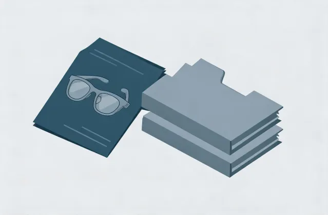 Illustration of an oversized eyeglasses specification brief handing off to quotation folders