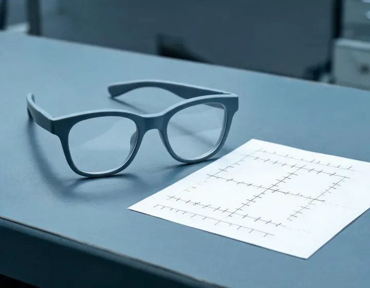 Unlabeled oversized glasses beside a written sourcing brief