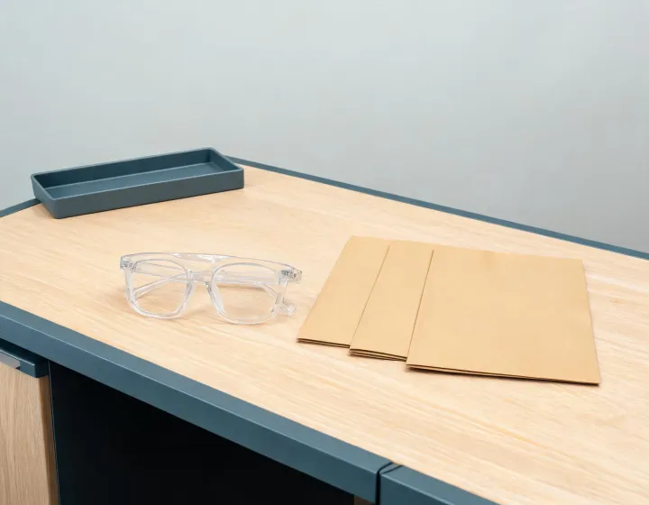 Oversized eyeglasses brief beside factory quote folders